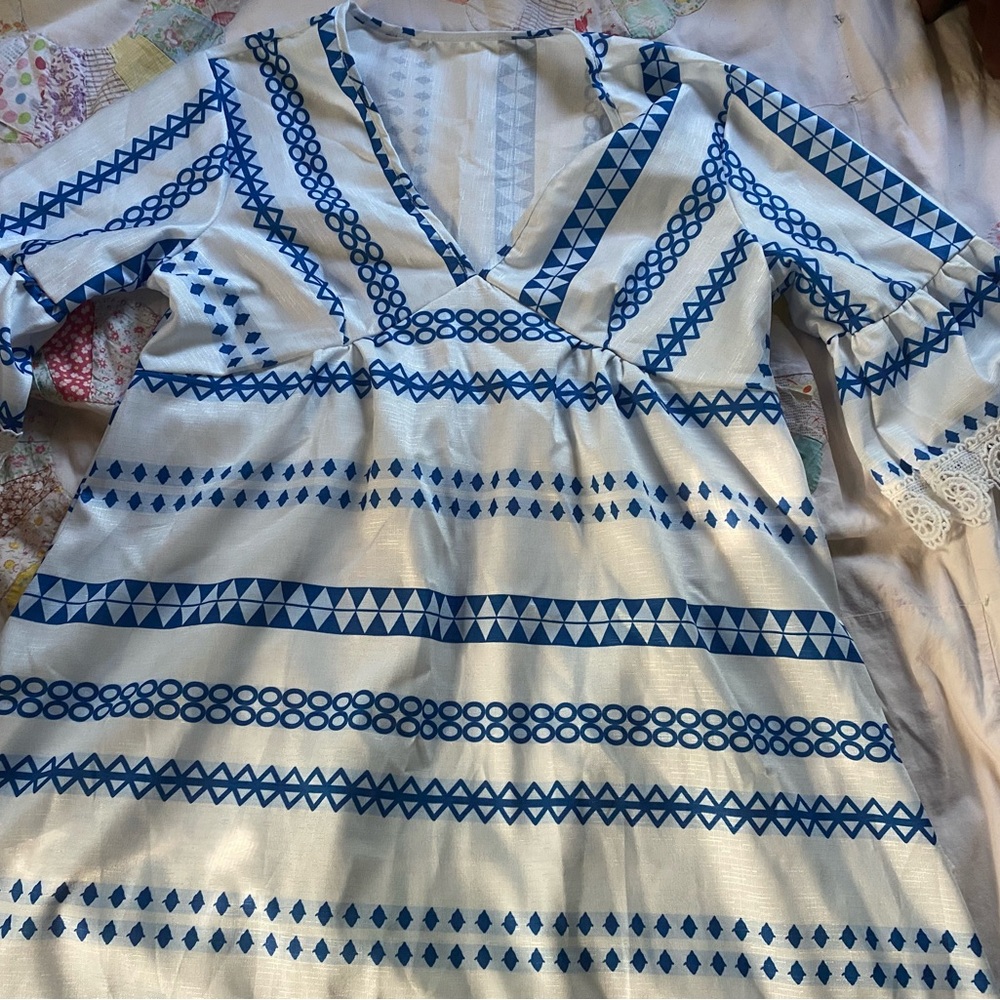 SHEIN White and Blue Lace Detail Dress